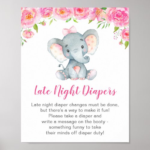 Late Night Diapers Sign Elephant Baby Shower Girl