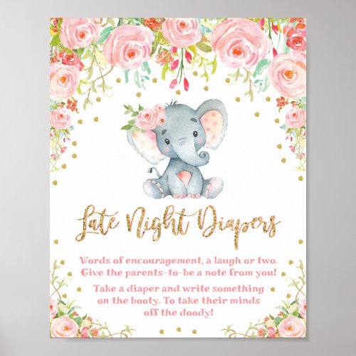Late Night Diapers Sign Pink Elephant Baby Shower