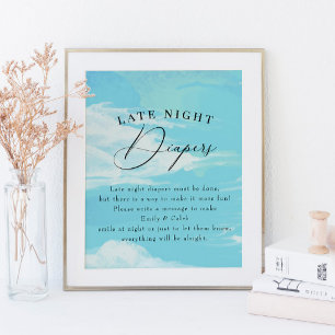 Late Night Diapers Sky Clouds Blue Baby Shower Poster