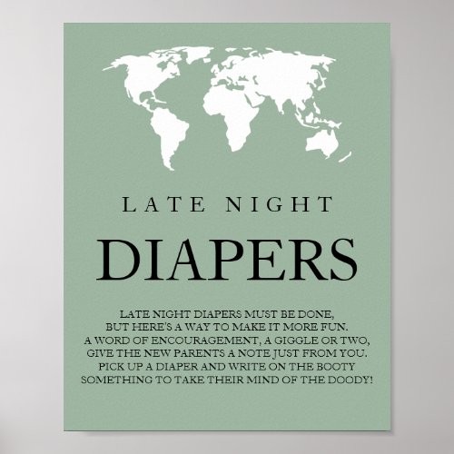Late Night Diapers Travel World Map Baby Shower Poster
