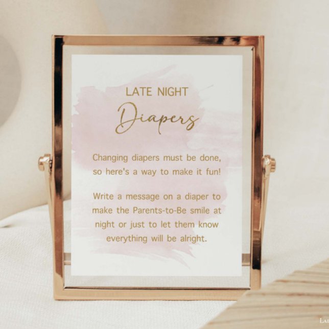 Late Night Diapers Watercolor Blush & Gold Sign (Late Night Diapers Watercolor Blush & Gold Baby Shower Sign, Baby Girl)