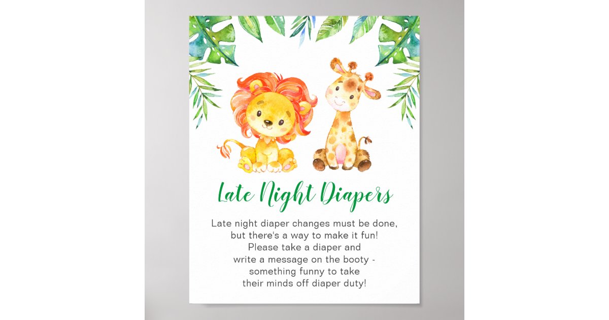 Late Night Diapers Wild Jungle Safari Baby Shower Poster Zazzle