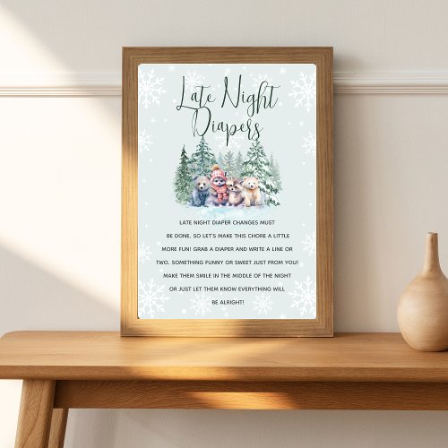 Late Night Diapers Winter Animals Baby Shower Game Poster