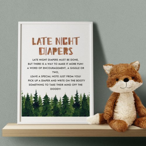 Late Night Diapers Woodland Baby Shower Game Poster