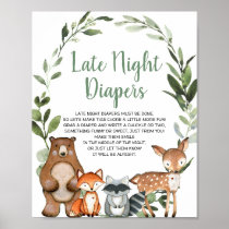 Late night diapers woodland baby shower game sign