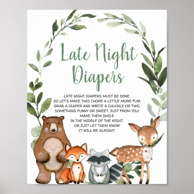 Late night diapers woodland baby shower game sign | Zazzle