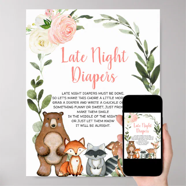 Late night diapers woodland floral baby shower poster | Zazzle