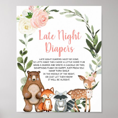 Late night diapers woodland floral baby shower poster