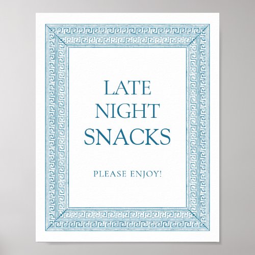 Late snacks party table Sign with blue Greek theme