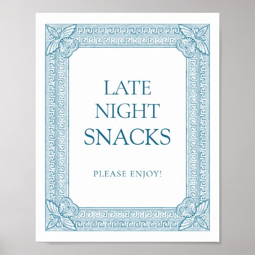 Late snacks party table Sign with blue Roman theme