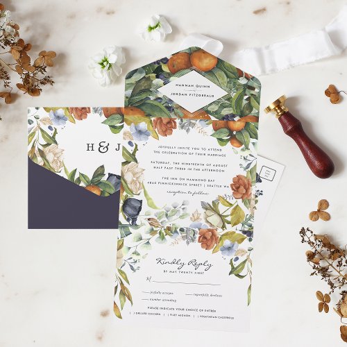 Late Summer Citrus Floral   Botanical Wedding All In One Invitation