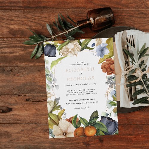 Late Summer Citrus Floral  Botanical Wedding Foil Invitation