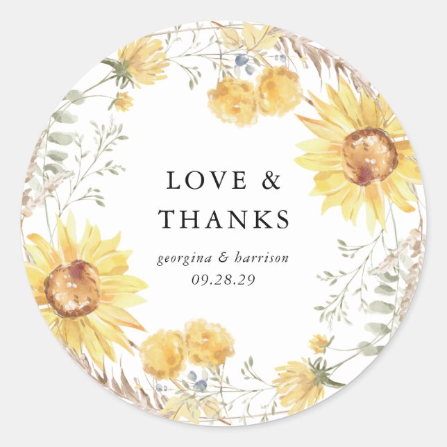 Late Summer Sunflower Wedding Favor Classic Round Sticker (Front)