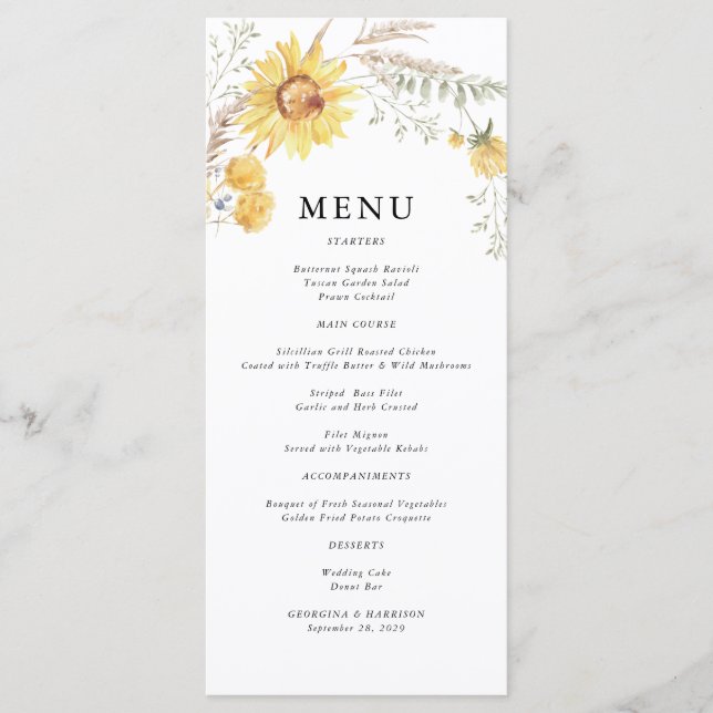Late Summer Sunflower Wedding Menu (Front)