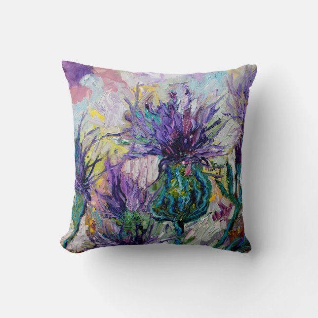 Late Summer Thistles Impressionist Oil Painting Throw Pillow (Front)