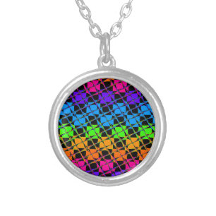 Latest lovely edgy rainbow colors checkered design silver plated necklace