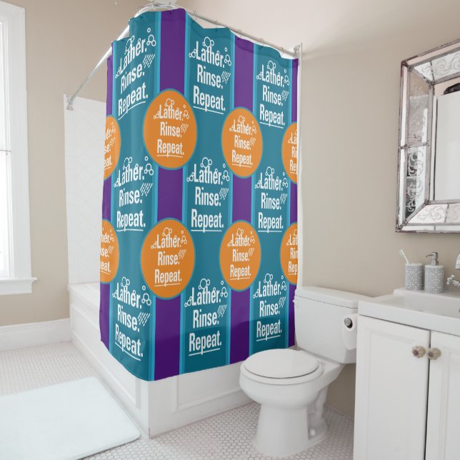 Lather Rinse Repeat Aqua Stripes Orange Spots Shower Curtain (In Situ)