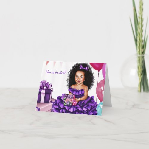 Latin Girl Curls Purple Dress Birthday Invitation