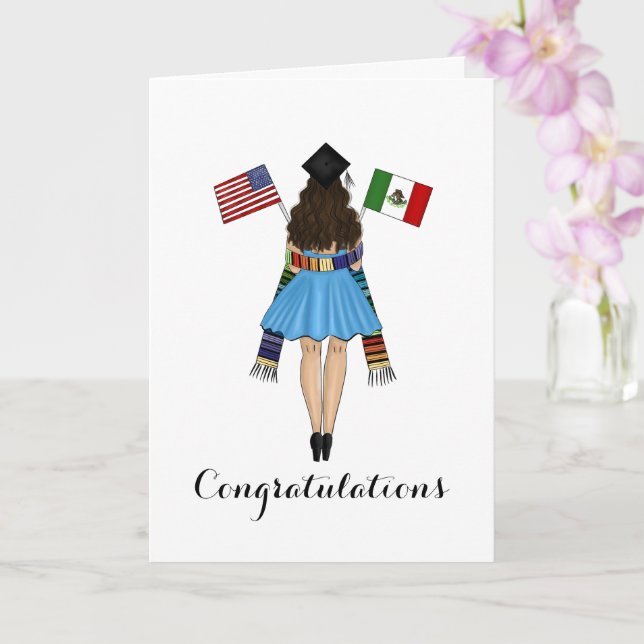 Latina Graduate Serape Mexico American Flags Grad Card (Orchid)