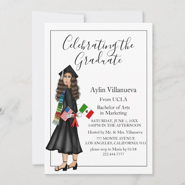 Latina with Flags and Diploma College Graduation Invitation (Front)