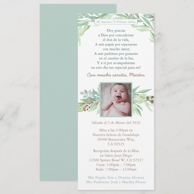 Latino Baptism First Birthday For Boy, in Spanish Invitation (Front/Back)