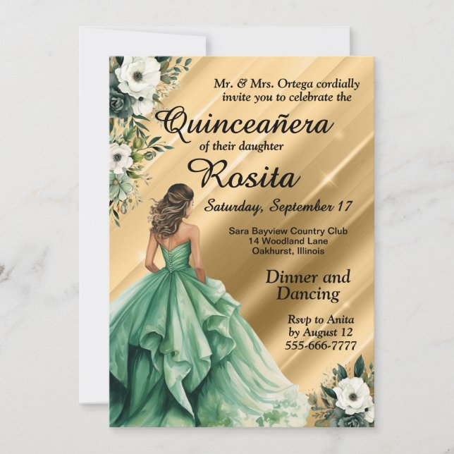 Latino Emerald Green Quinceanera Invitation (Front)