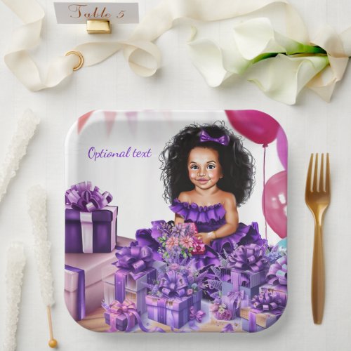 Latino Girl Curls Purple Dress Party Paper Plates