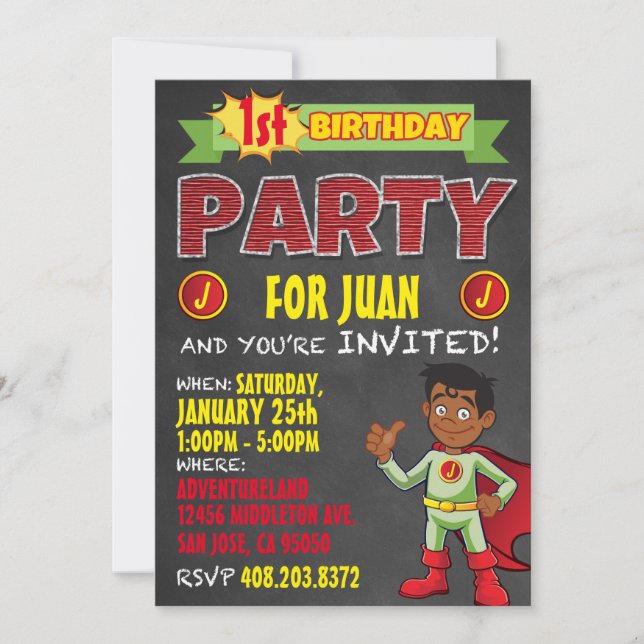 Latino Superhero Invitations. Kid Birthday Party Invitation (Front)