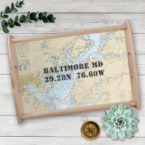 Latitude Longitude Baltimore MD Nautical Chart Serving Tray