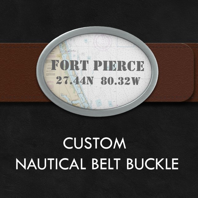 Latitude Longitude Fort Pierce FL Nautical Chart Belt Buckle (Customizable Authentic Nautical Florida Belt Buckle)