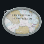 Latitude Longitude San Francisco CA Nautical Chart Belt Buckle<br><div class="desc">Whether he's on his boat or away from it, every guy who *loves* his boat will appreciate a belt buckle featuring an authentic navigation chart (No. 18649) background in traditional and iconic blue, tan, and white. This one is showing San Francisco as the location and that can be changed to...</div>