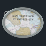 Latitude Longitude San Francisco CA Nautical Chart Belt Buckle<br><div class="desc">Whether he's on his boat or away from it, every guy who *loves* his boat will appreciate a belt buckle featuring an authentic navigation chart (No. 18649) background in traditional and iconic blue, tan, and white. This one is showing San Francisco as the location and that can be changed to...</div>