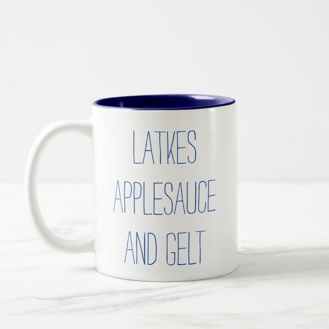 Latkes Applesauce and Gelt Two-Tone Coffee Mug (Left)