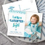 Latkes Laughter Light Modern Fun Hanukkah Photo Holiday Postcard<br><div class="desc">“Latkes, laughter & light.” Fun, whimsical handcrafted typography along with a random Star of David pattern in dusty blue, turquoise and teal on a white background, along with the photo of your choice, help you usher in Hanukkah. Feel the warmth and joy of the holiday season whenever you send this...</div>