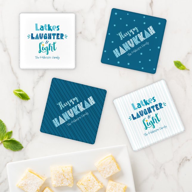 Latkes Laughter Light Modern Typography Hanukkah Coaster Set (In Situ)