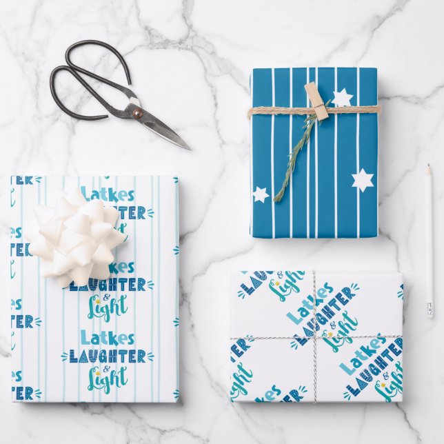 Latkes Laughter Light Modern Typography Hanukkah Wrapping Paper Sheets (Front)