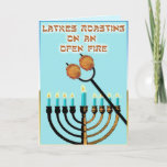 Latkes Roasting on an open fire... Holiday Card<br><div class="desc">A funny take on the classic Christmas song. Latkes,  those tasty potato pancakes,  are being roasted over the "Open Fire" of the Hanukkah menorah.

 The inside says "Got Sour Cream?",  the perfect accompaniment next to apple sauce.</div>
