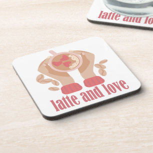 Latte and love cup, hands and coffee quote beverage coaster