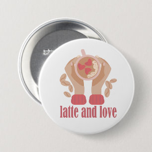 Latte and love cup, hands and coffee quote button