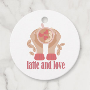 Latte and love cup, hands and coffee quote favor tags
