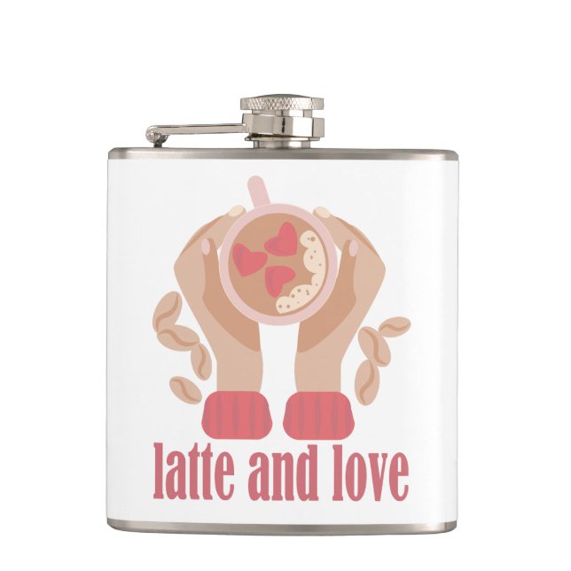 Latte and love cup, hands and coffee quote  flask (Front)