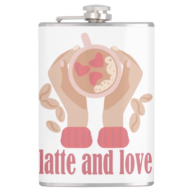 Latte and love cup, hands and coffee quote  flask (Front)