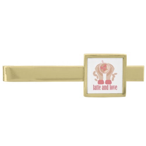 Latte and love cup hands and coffee quote gold finish tie bar