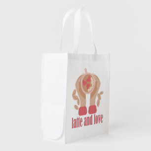 Latte and love cup, hands and coffee quote grocery bag