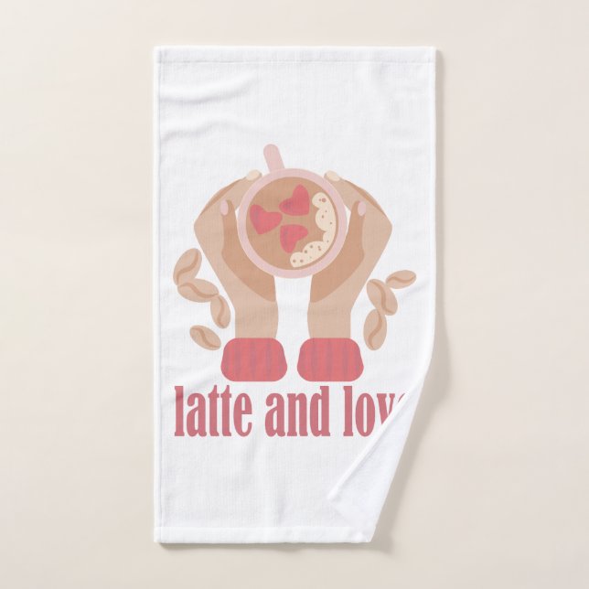 Latte and love cup, hands and coffee quote   hand towel  (Hand Towel)