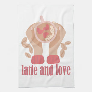 Latte and love cup, hands and coffee quote   kitchen towel