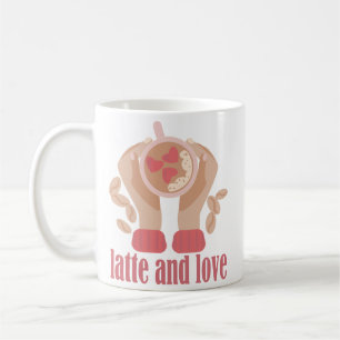 Latte and love cup, hands and coffee quote mug