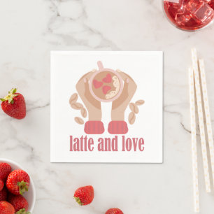 Latte and love cup, hands and coffee quote napkin
