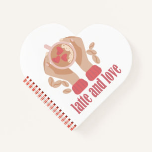 Latte and love cup, hands and coffee quote notebook
