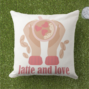 Latte and love cup, hands and coffee quote  outdoor pillow